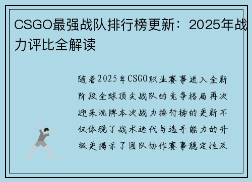 CSGO最强战队排行榜更新：2025年战力评比全解读